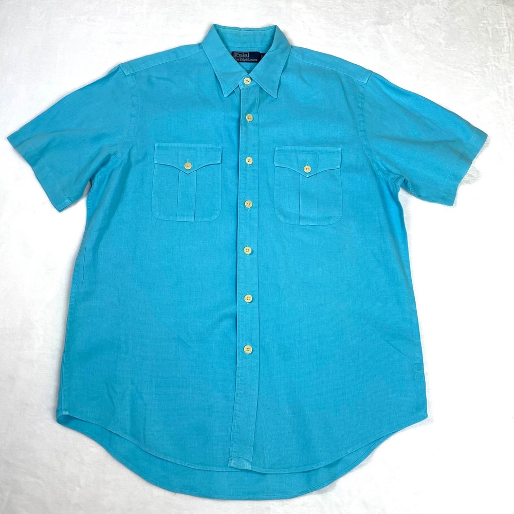 Polo Ralph Lauren Shirt Linen Cotton Mens L Turquoise Blue Good Vintage Pockets